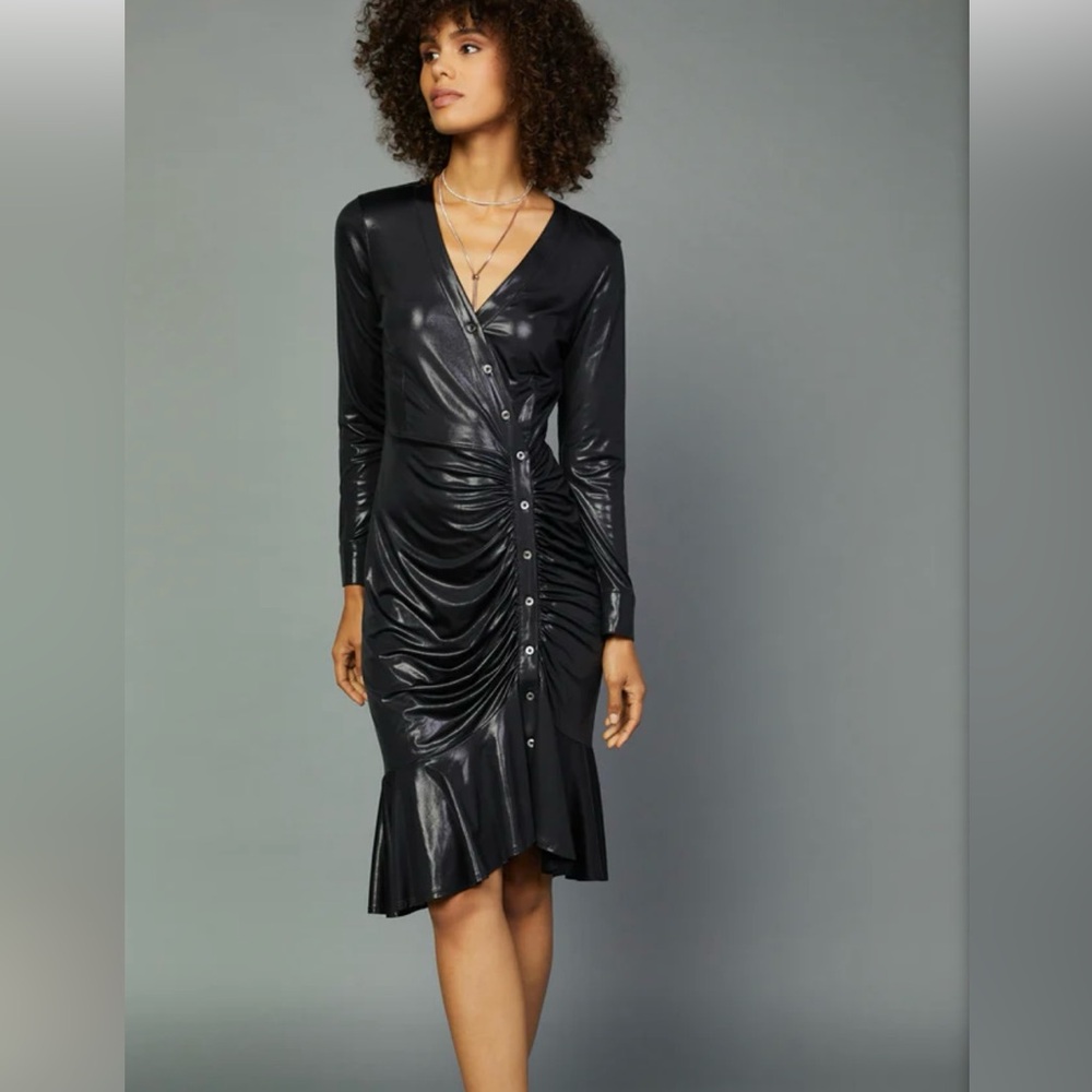 Black Faux-Leather Ruched Midi Dress